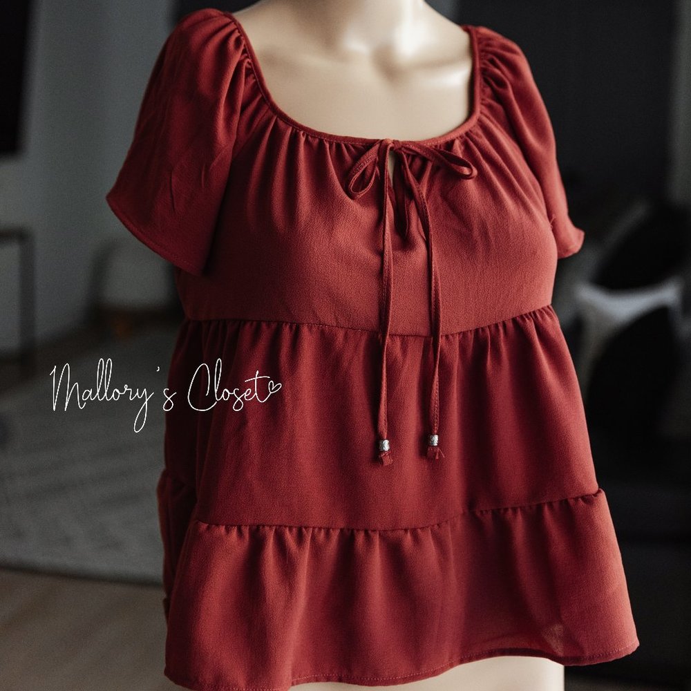 Olive + Oak Wine Short Sleeve Peplum Top